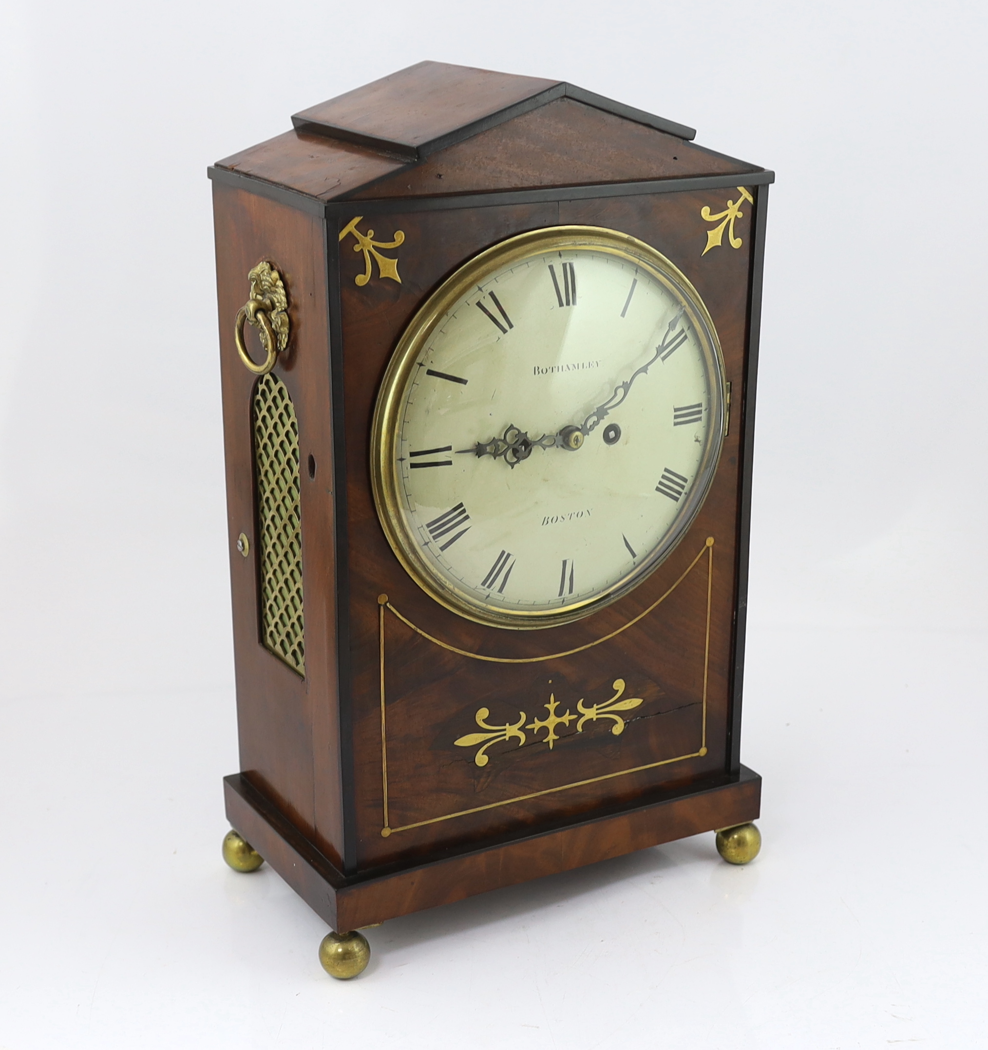 Bothamley of Boston, a Regency brass inset mahogany hour repeating bracket clock 30cm wide, 17cm deep, 47cm high
